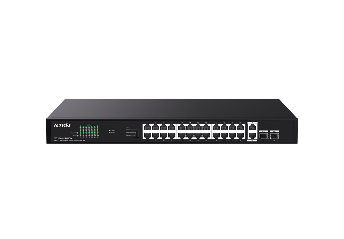 Tenda 24 Gigabit PoE ports, 2 uplink Gigabit RJ45 ports, 2 SFP ports | TEG1128P-24-410W