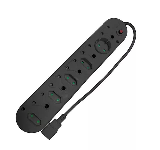 Acconet 10-Way Multiplug 5x 16A SA, 4x 5A 2-Pin, 1x Round 5A, Black | AC-MPLUG-IEC-10-B