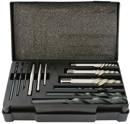SCREW EXTRACTOR SET 12 PCE WITH DRILL BITS FOR M3 - M24 SCREWS / STUDS